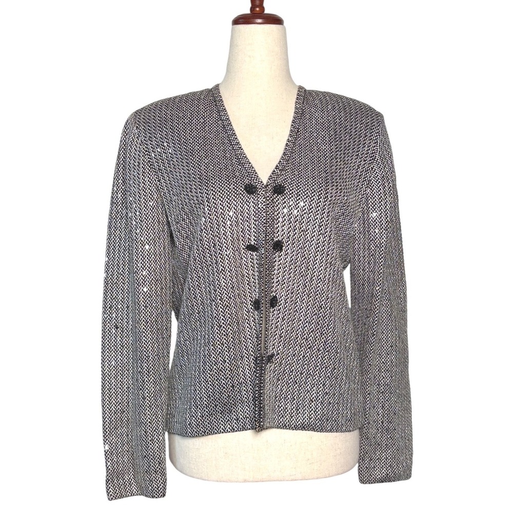 St. John Evening Marie Gray Sequin Chevron Knit Jacket Black White Metallic 4